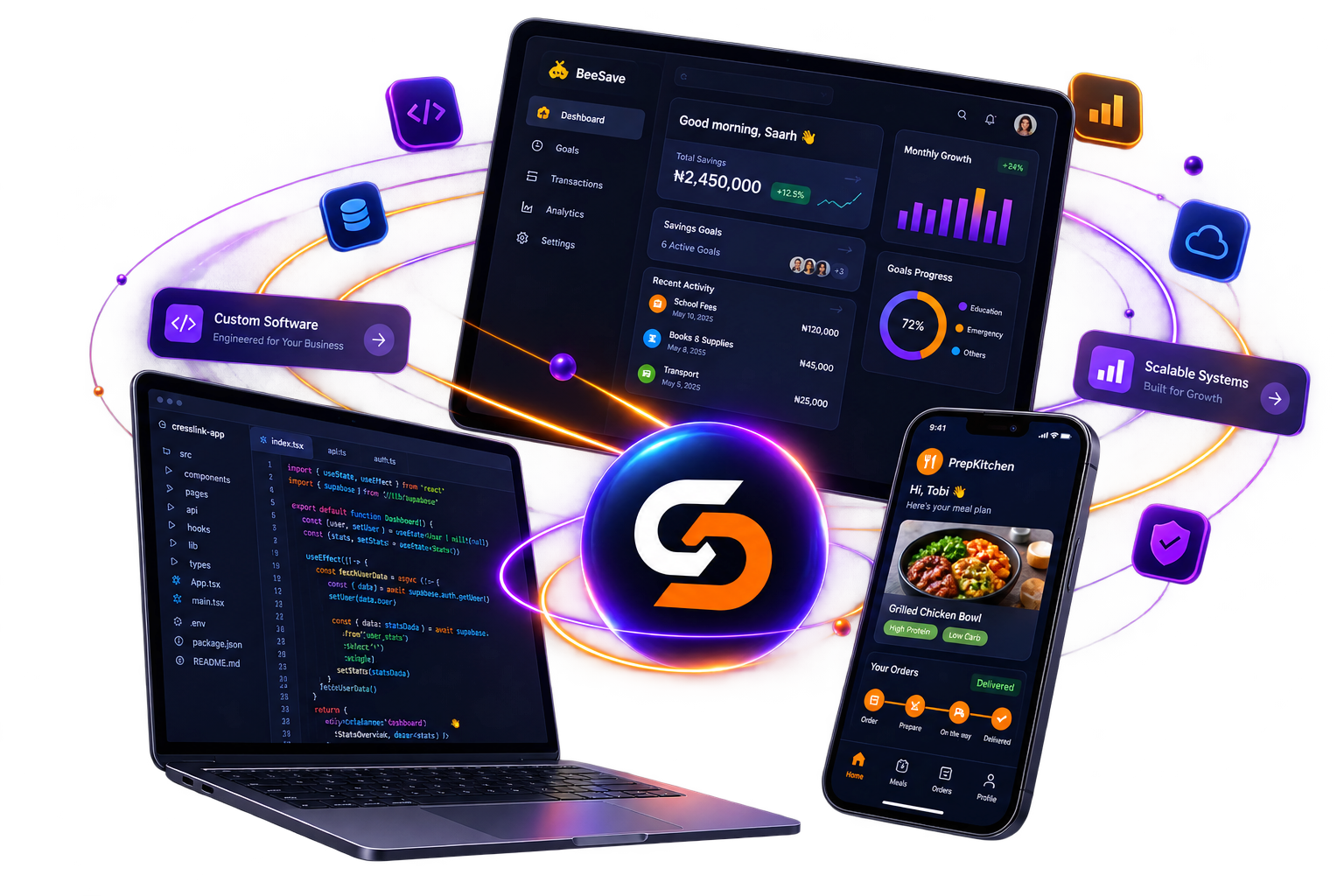 BeeSave, PrepKitchen and the Cresslink codebase shown on a laptop, tablet and phone